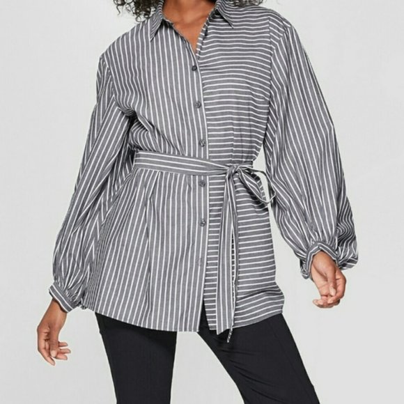 Who What Wear Gray White Striped Belted Blouse - Picture 1 of 9